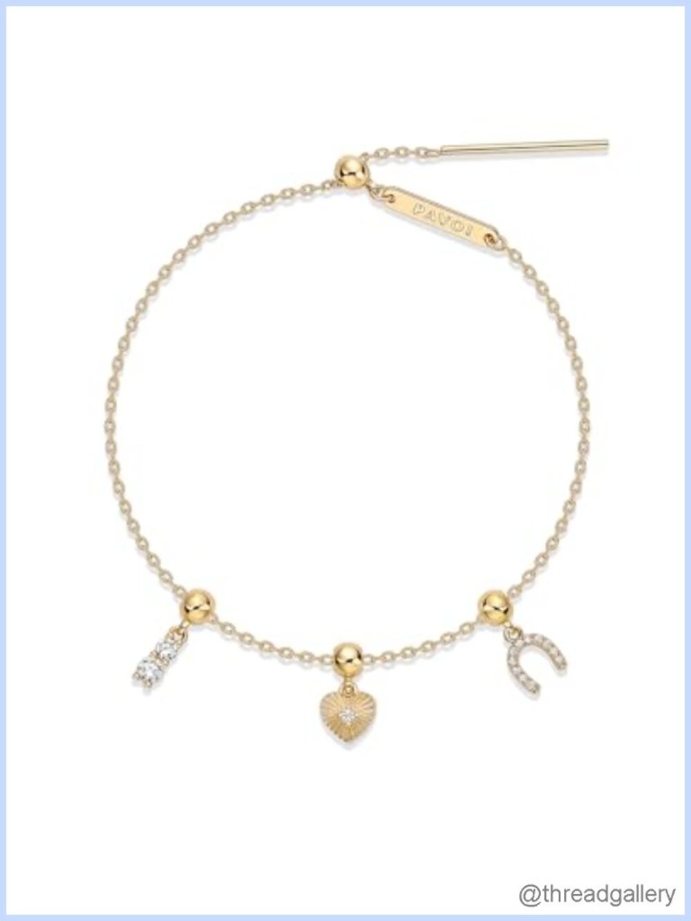 14K Gold Plated Adjustable Charm Bracelet Set with CZ, Horseshoe & Heart